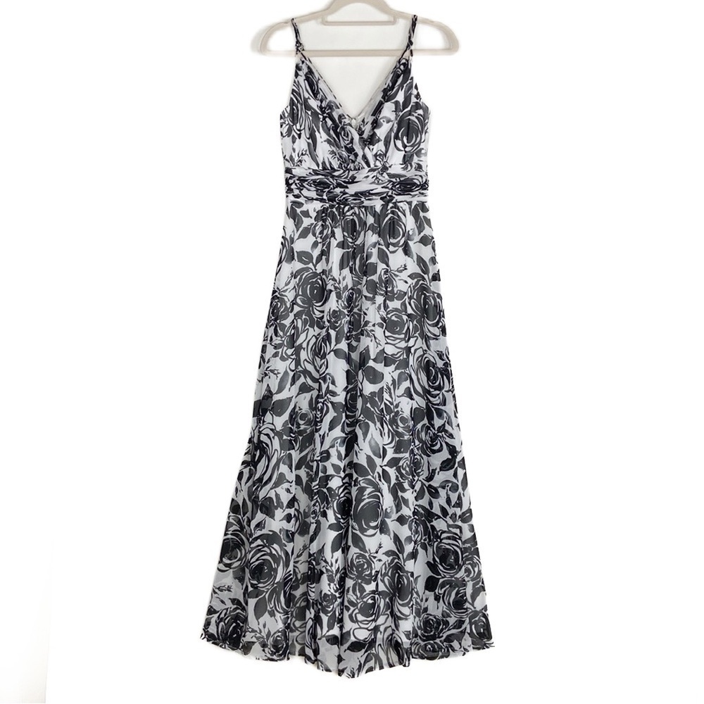 WHBM Rose Pattern Sleeveless Spaghetti Strap Ruched Fit and Flare Maxi Dress